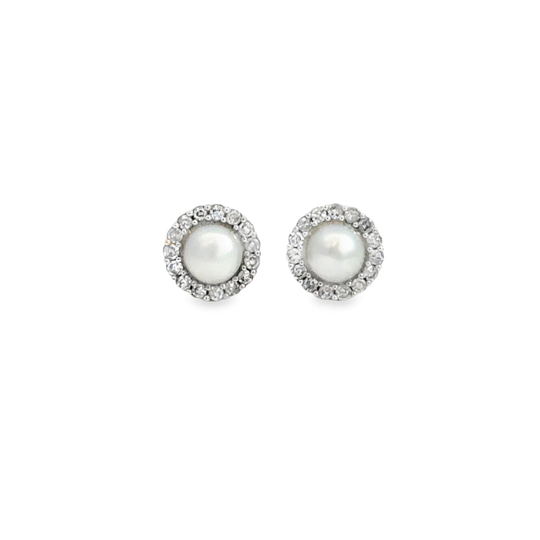 0.10 CTW Diamond &amp; Pearl 10K White Gold Halo Stud Earrings