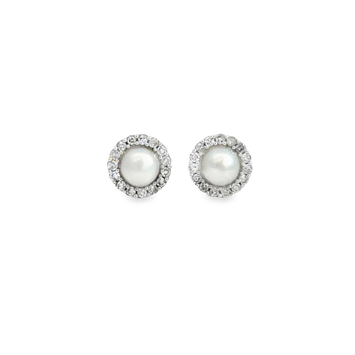 0.10 CTW Diamond &amp; Pearl 10K White Gold Halo Stud Earrings