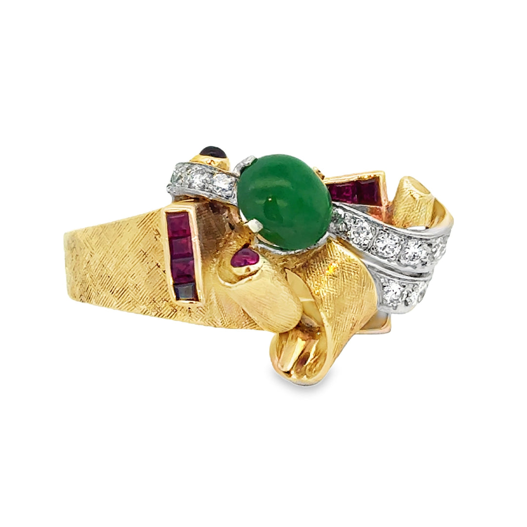 0.60 CTW Diamond Jade Ruby 14K Yellow Gold Retro Ring