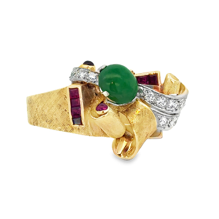 0.60 CTW Diamond Jade Ruby 14K Yellow Gold Retro Ring