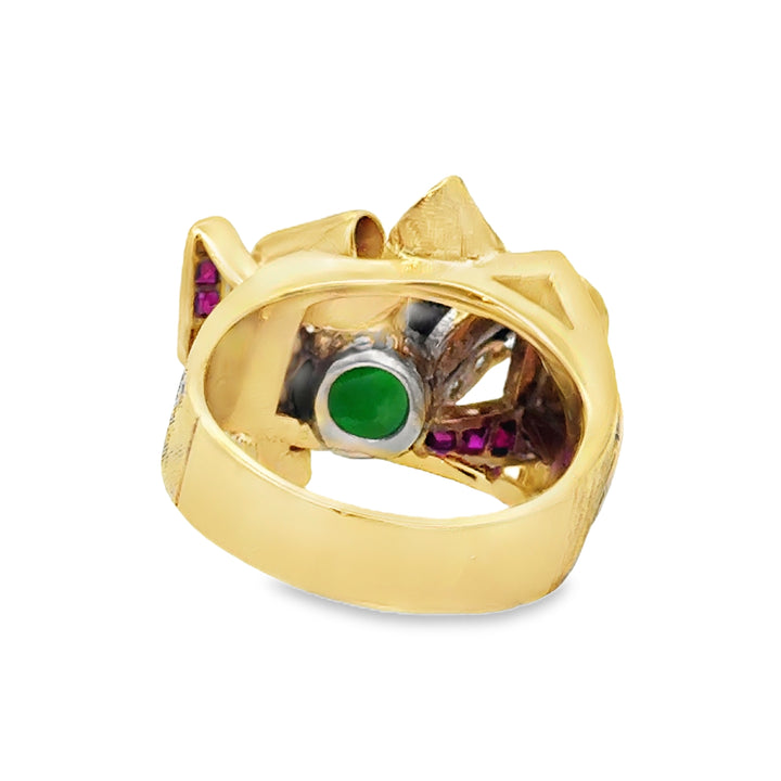 0.60 CTW Diamond Jade Ruby 14K Yellow Gold Retro Ring