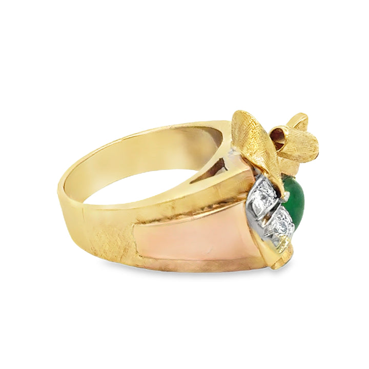 0.60 CTW Diamond Jade Ruby 14K Yellow Gold Retro Ring
