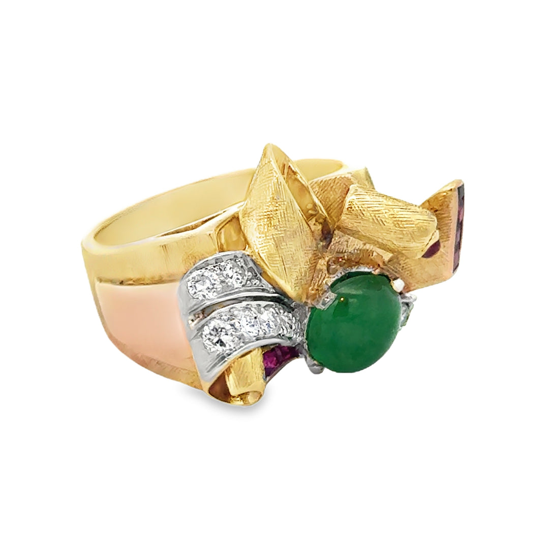 0.60 CTW Diamond Jade Ruby 14K Yellow Gold Retro Ring