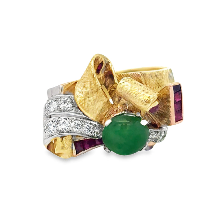0.60 CTW Diamond Jade Ruby 14K Yellow Gold Retro Ring