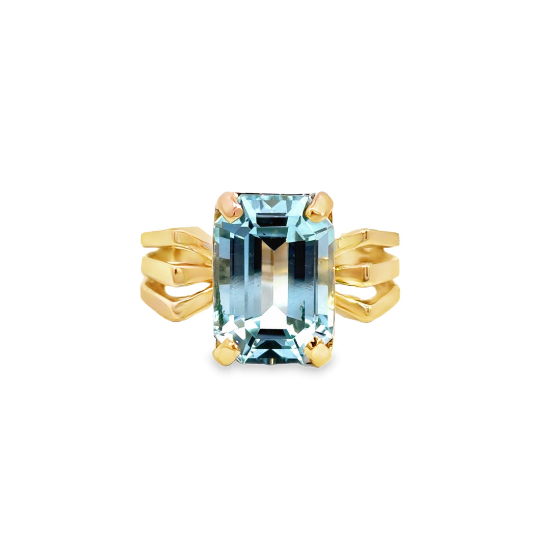 7.42 CT Emerald Cut Blue Topaz 14K Yellow Gold Ring