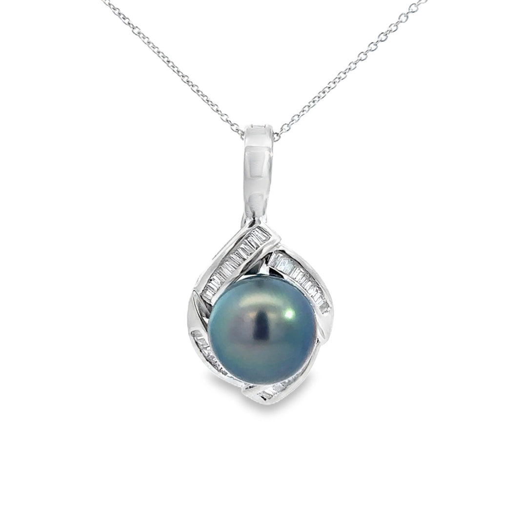 0.50 CTW Diamond South Sea Tahitian Pearl 18K White Gold Pendant Necklace