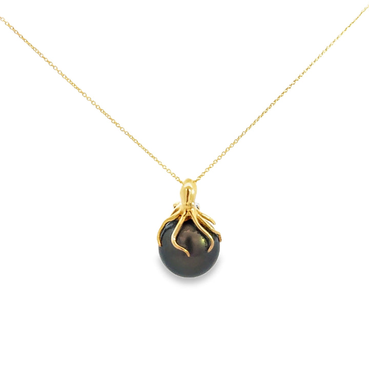 14MM South Sea Tahitian Pearl 18K Yellow Gold Octopus Pendant Necklace