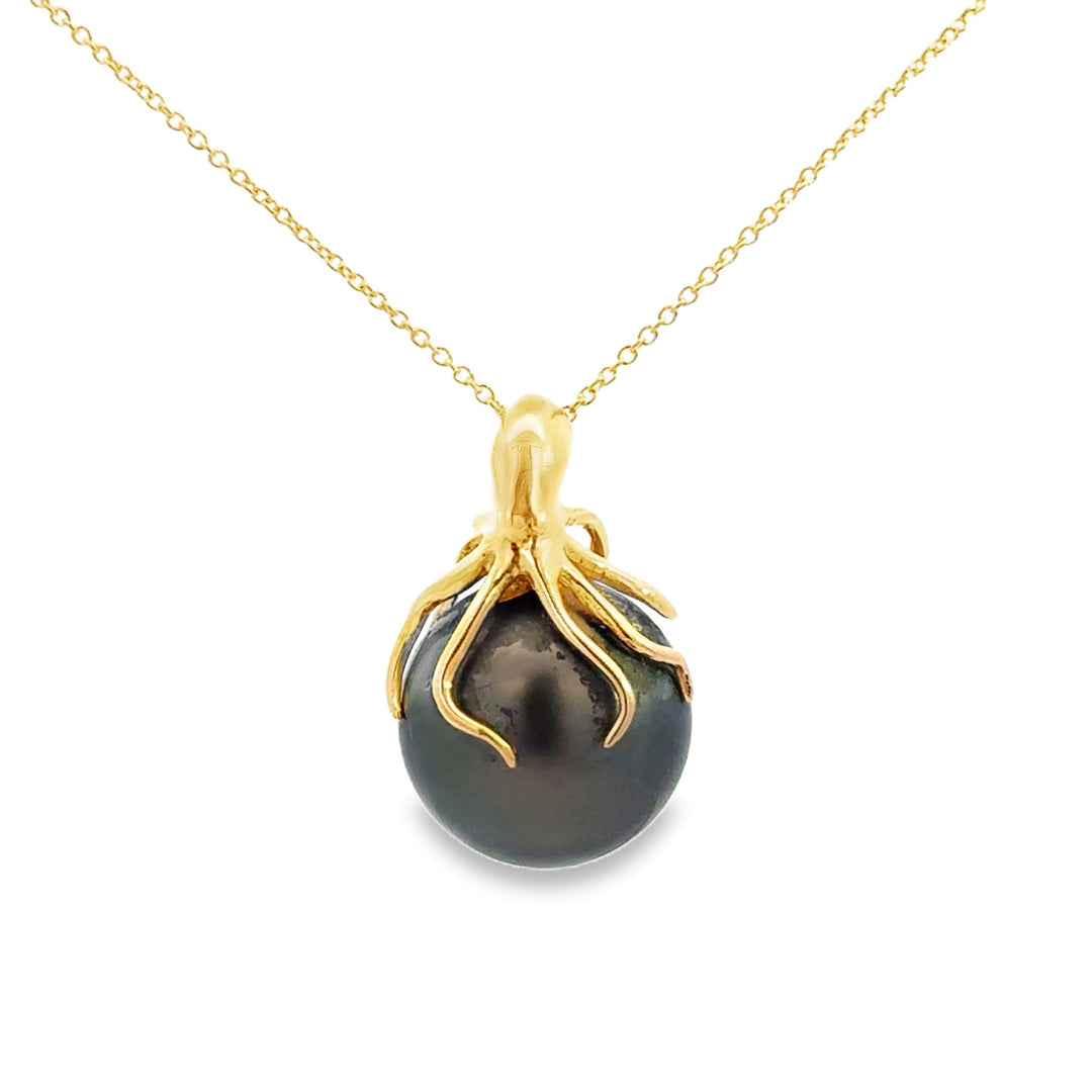 14MM South Sea Tahitian Pearl 18K Yellow Gold Octopus Pendant Necklace