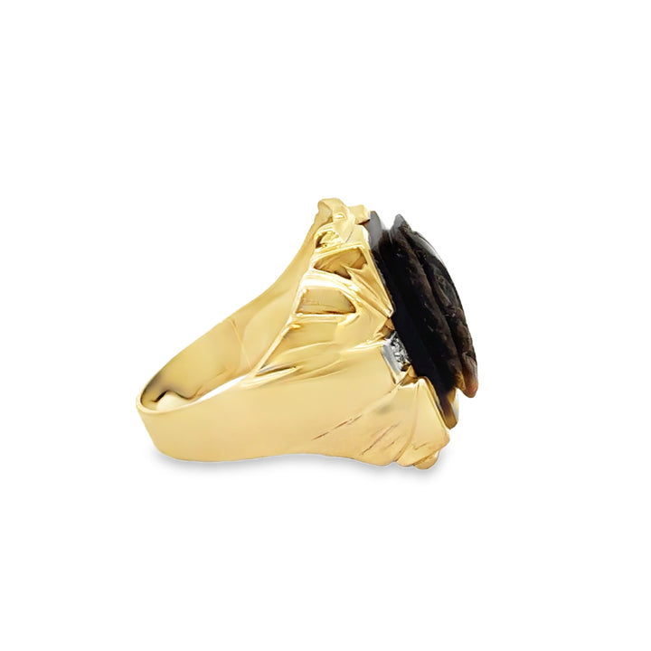 Diamond Tiger Eye Cameo 10K Yellow Gold Men's Ring