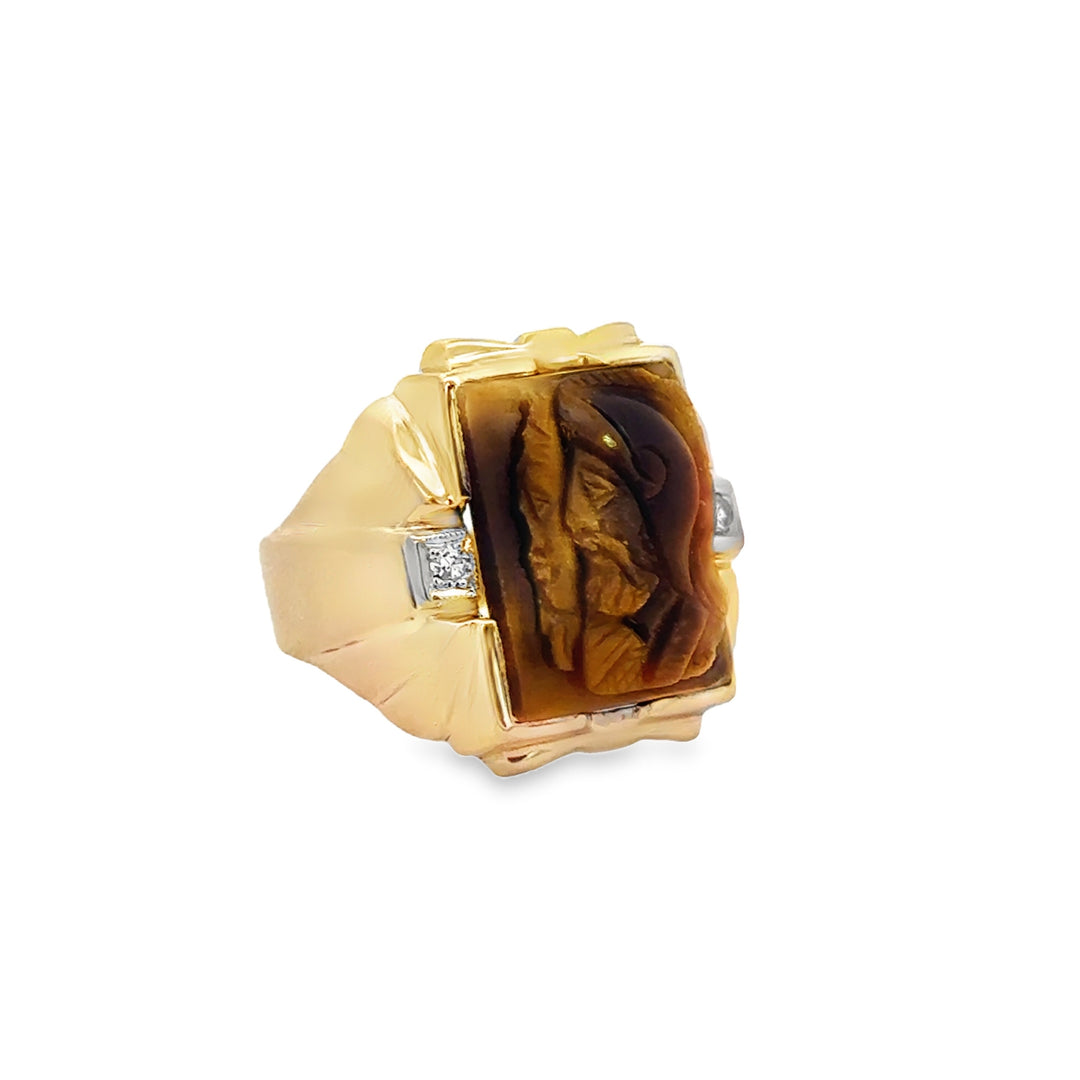 Diamond Tiger Eye Cameo 10K Yellow Gold Men's Ring
