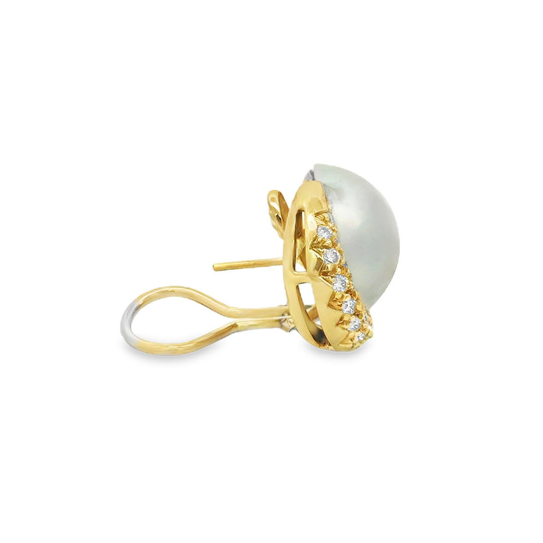 1.00 CTW Diamond &amp; Mabe Pearl 18K Yellow Gold Earrings