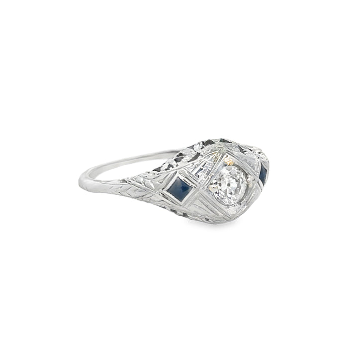Vintage 0.25 CTW Diamond &amp; Sapphire 18K White Gold Engagement Ring