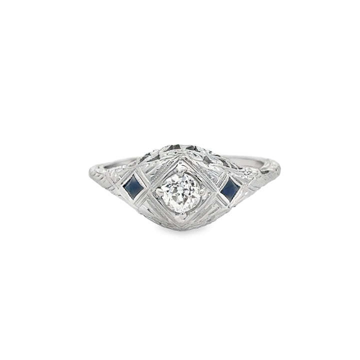 Vintage 0.25 CTW Diamond &amp; Sapphire 18K White Gold Engagement Ring