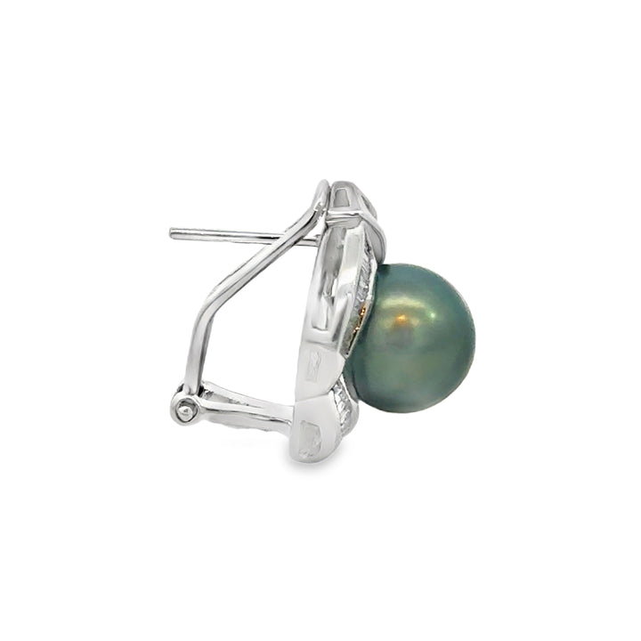 0.80 CTW Baguette Diamond 18K White Gold Tahitian South Sea Pearl Earrings