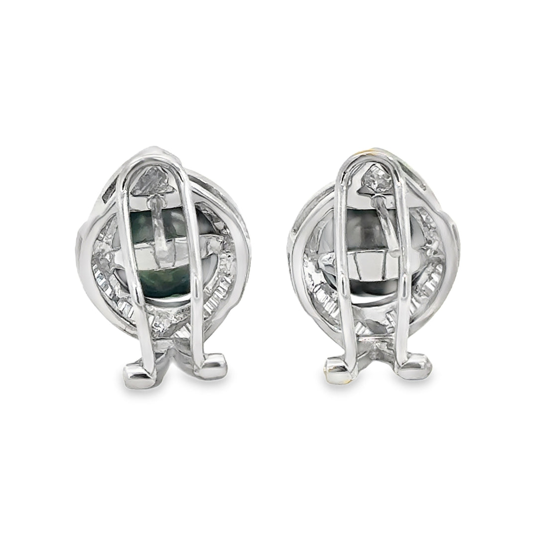 0.80 CTW Baguette Diamond 18K White Gold Tahitian South Sea Pearl Earrings