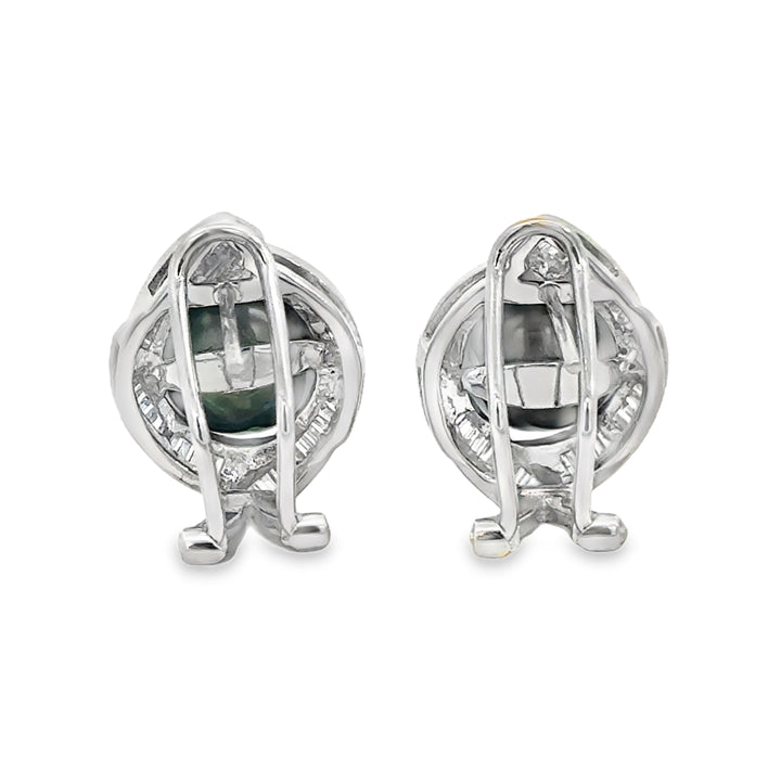 0.80 CTW Baguette Diamond 18K White Gold Tahitian South Sea Pearl Earrings