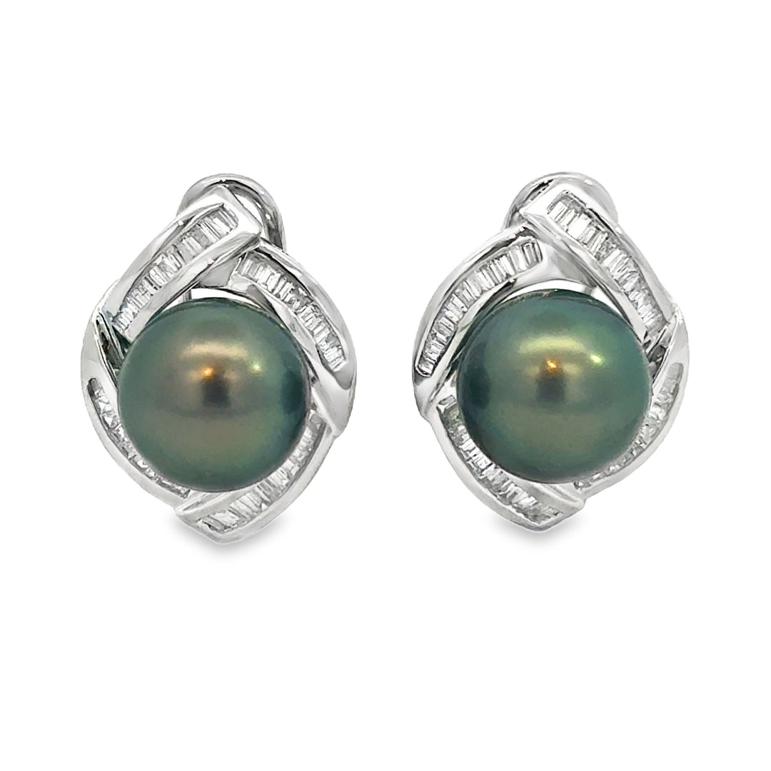 0.80 CTW Baguette Diamond 18K White Gold Tahitian South Sea Pearl Earrings