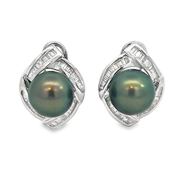 0.80 CTW Baguette Diamond 18K White Gold Tahitian South Sea Pearl Earrings