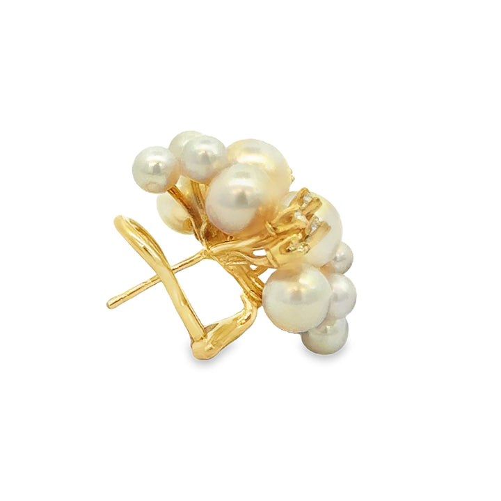 0.30 CTW Diamond 14K Yellow Gold Akoya Cultured Pearl Cluster Earrings
