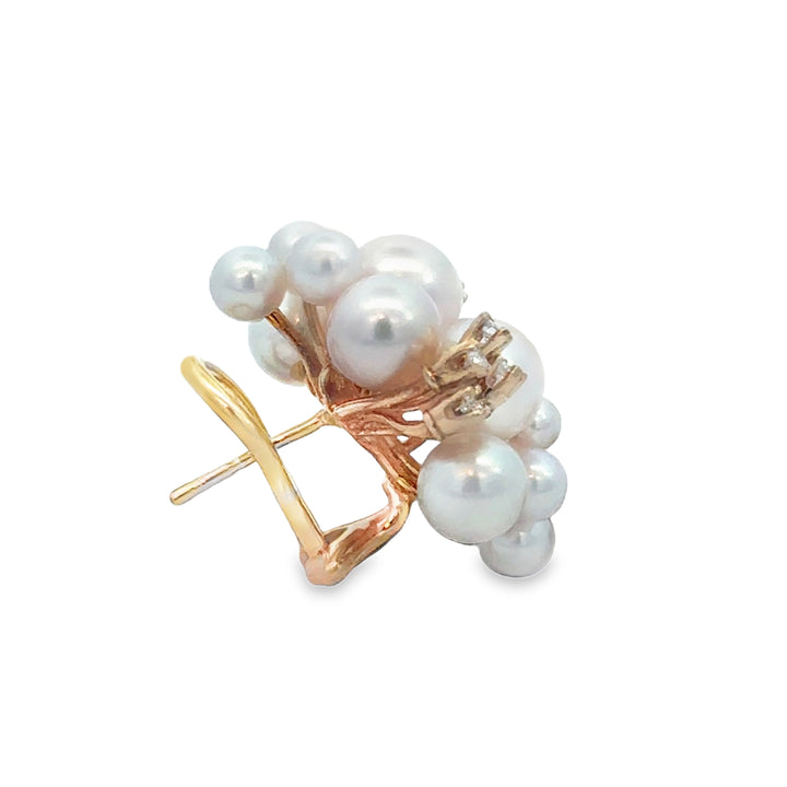 0.30 CTW Diamond 14K Yellow Gold Akoya Cultured Pearl Cluster Earrings