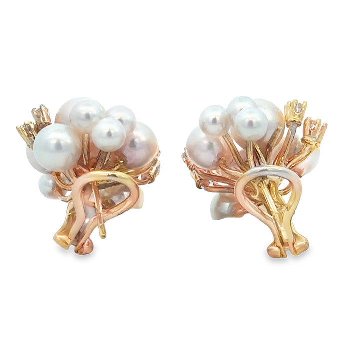 0.30 CTW Diamond 14K Yellow Gold Akoya Cultured Pearl Cluster Earrings