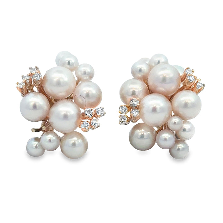 0.30 CTW Diamond 14K Yellow Gold Akoya Cultured Pearl Cluster Earrings