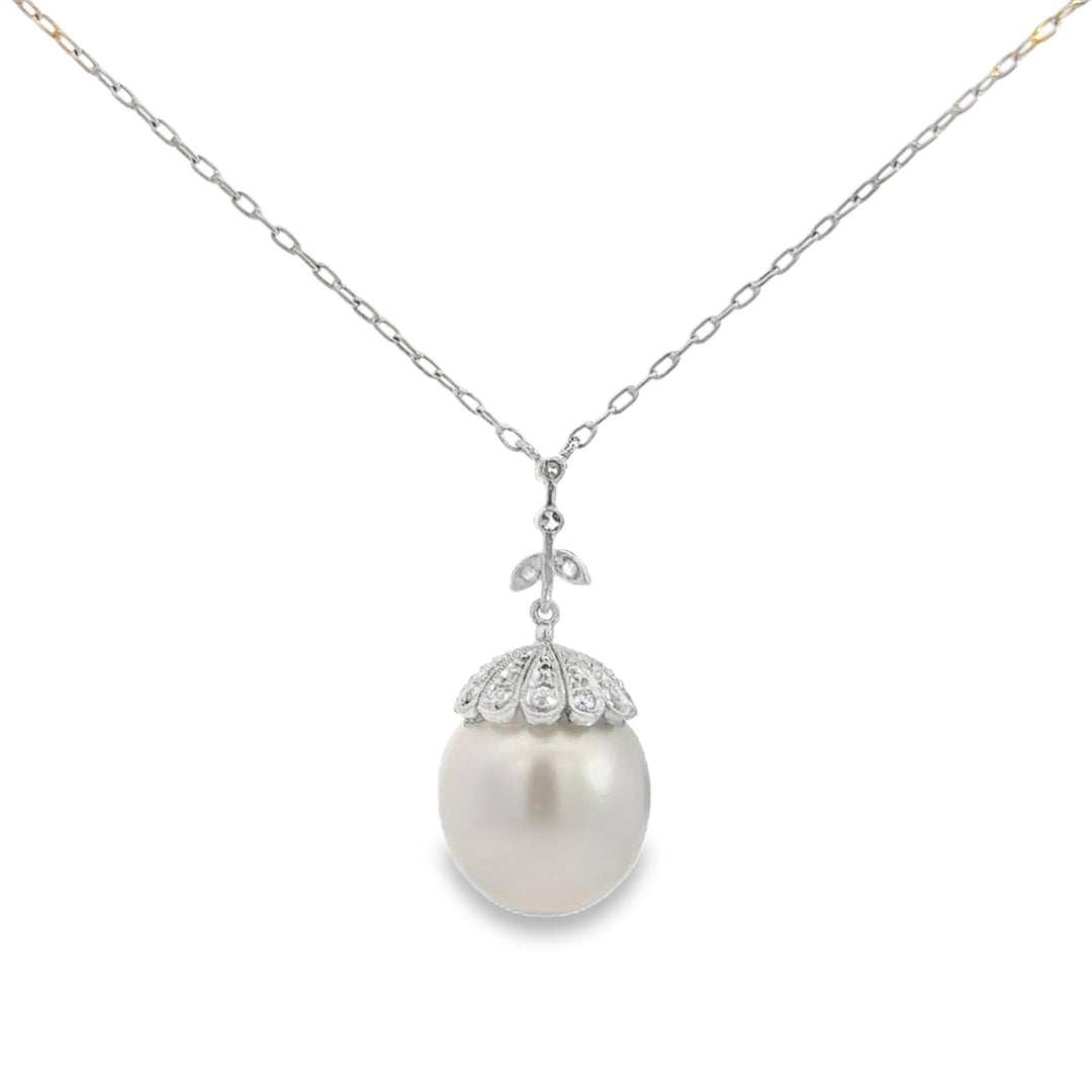 0.28 CTW Diamond 14MM White South Sea Pearl Platinum Pendant Necklace