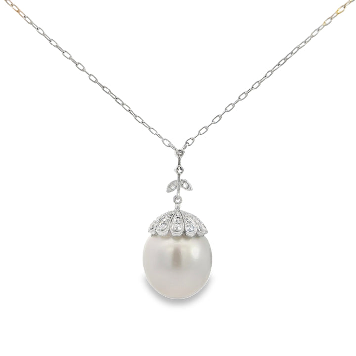 0.28 CTW Diamond 14MM White South Sea Pearl Platinum Pendant Necklace