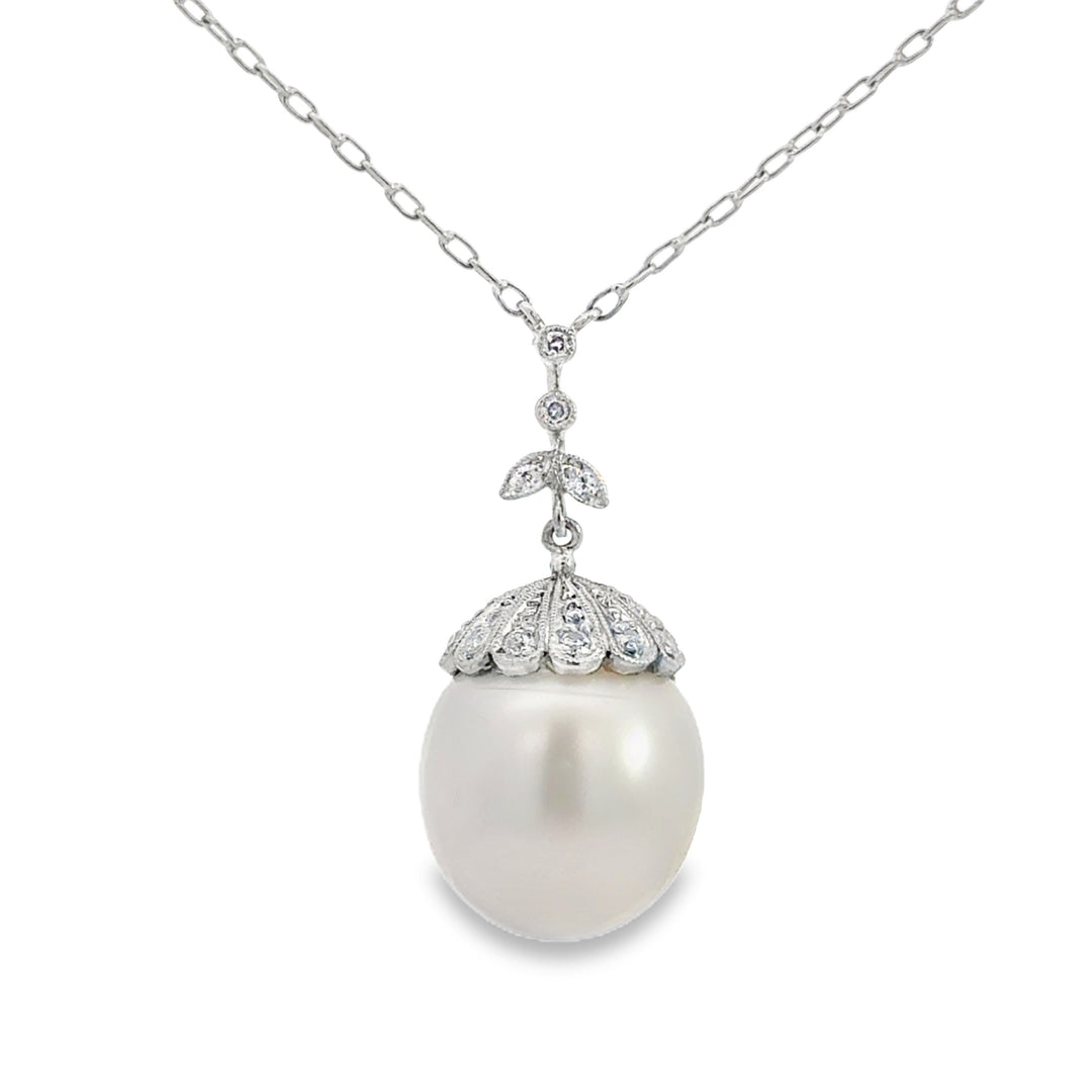 0.28 CTW Diamond 14MM White South Sea Pearl Platinum Pendant Necklace