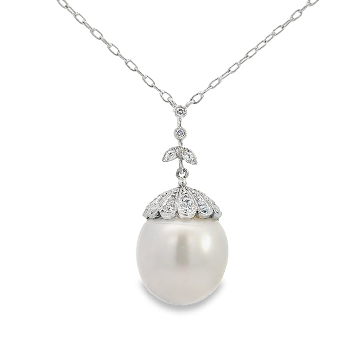 0.28 CTW Diamond 14MM White South Sea Pearl Platinum Pendant Necklace