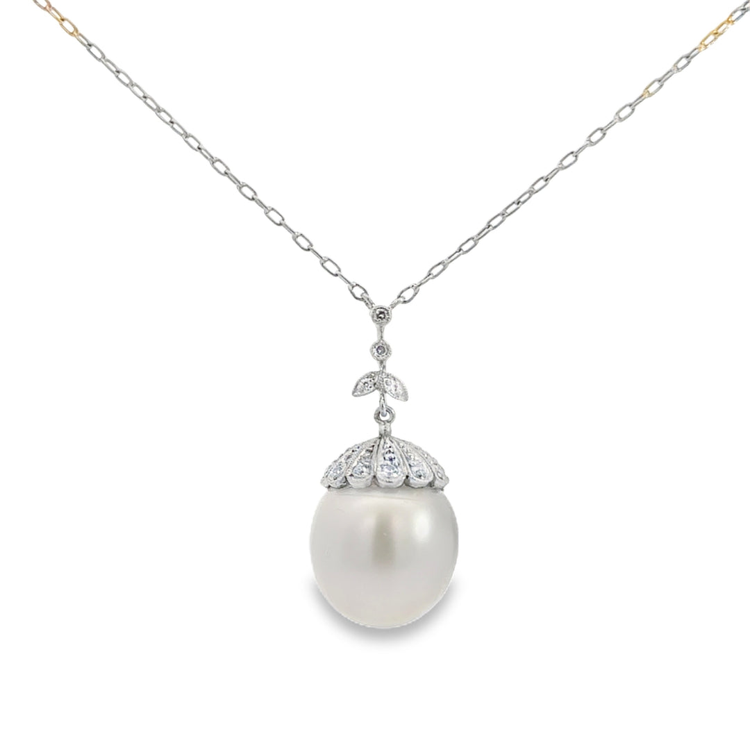 0.28 CTW Diamond 14MM White South Sea Pearl Platinum Pendant Necklace