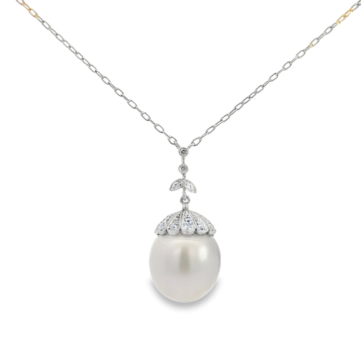0.28 CTW Diamond 14MM White South Sea Pearl Platinum Pendant Necklace