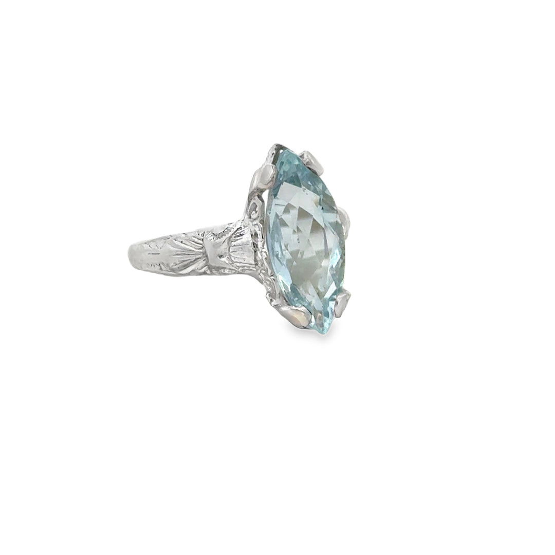 Vintage Marquise Aquamarine 8K White Gold Ring