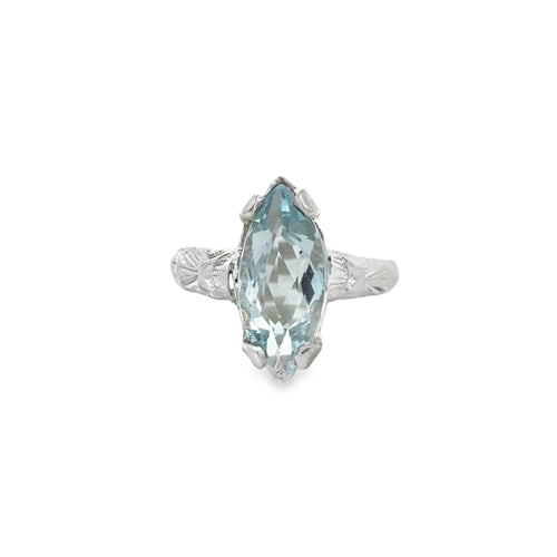 Vintage Marquise Aquamarine 8K White Gold Ring