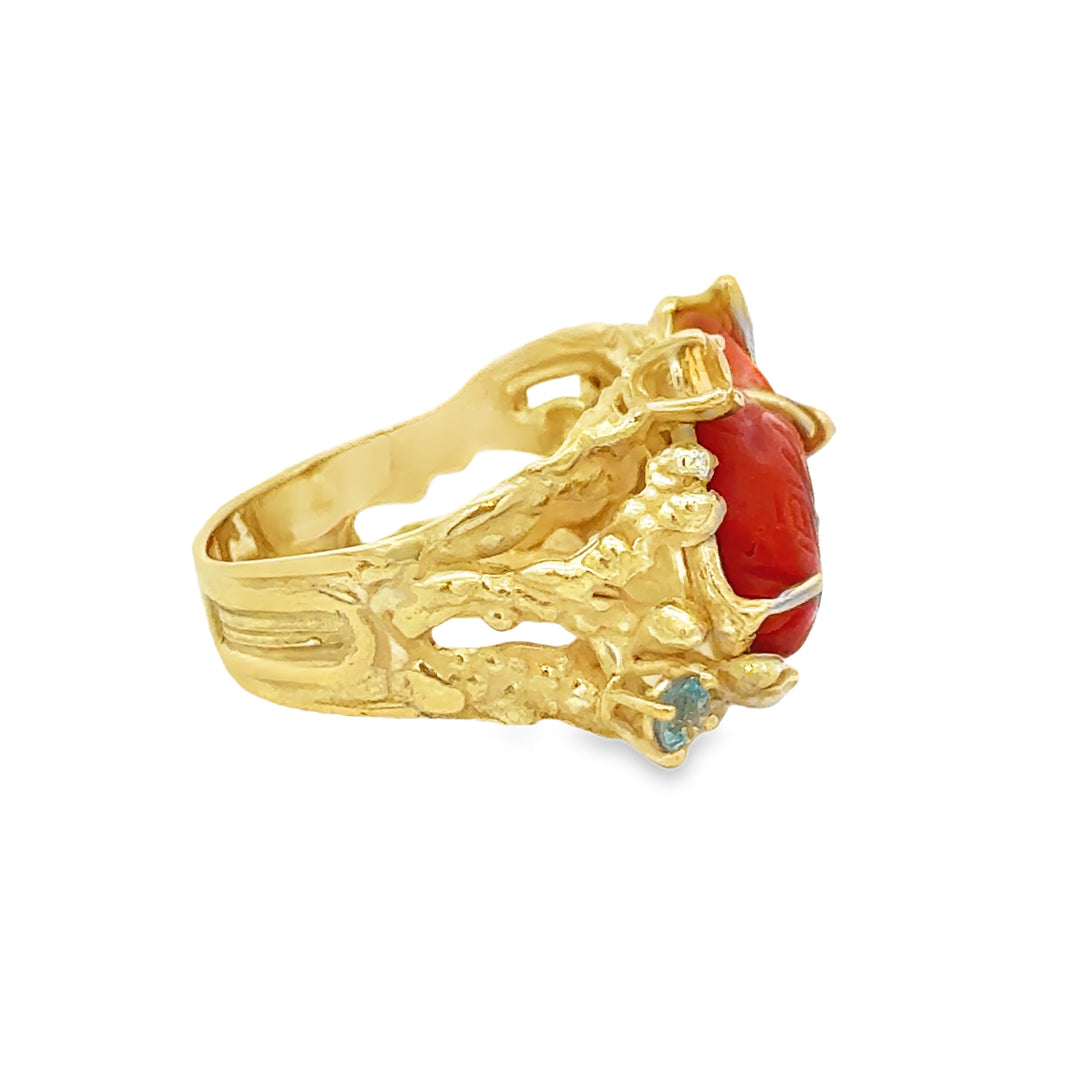 14K Yellow Gold Italian Carved Coral Fish Ring