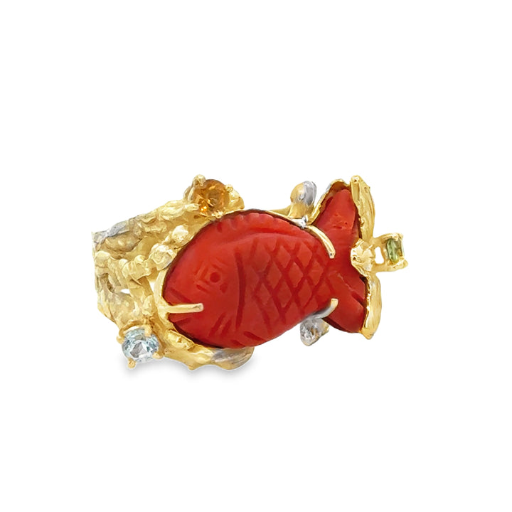 14K Yellow Gold Italian Carved Coral Fish Ring