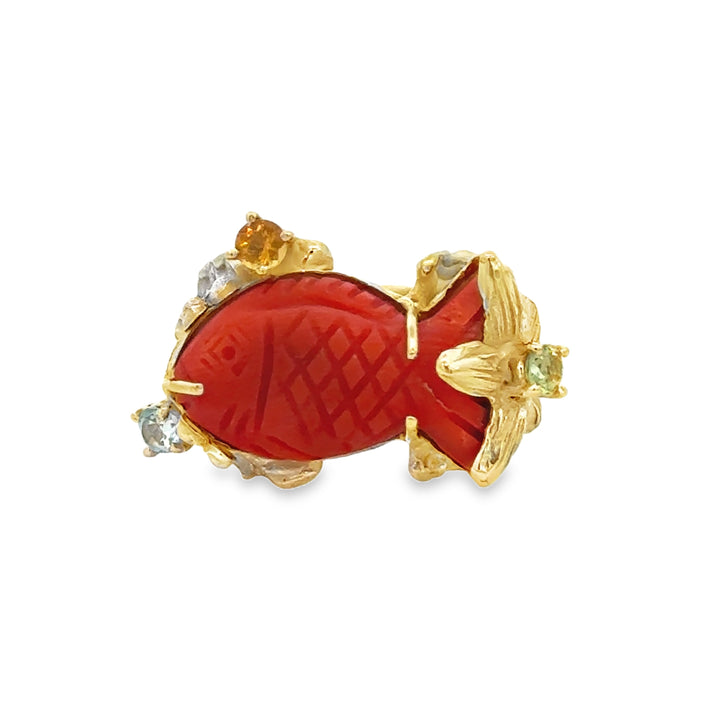 14K Yellow Gold Italian Carved Coral Fish Ring