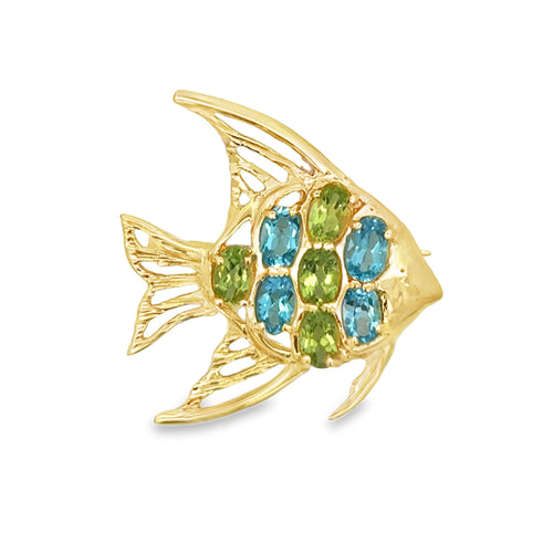 14K Yellow Gold Peridot & Blue Topaz Fish Brooch/Pendant