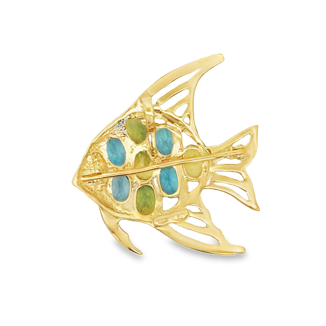 14K Yellow Gold Peridot & Blue Topaz Fish Brooch/Pendant