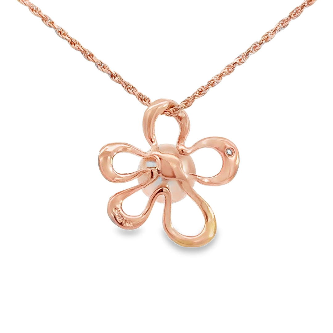 0.015 CT Diamond Pearl 14K Rose Gold Flower Pendant Necklace