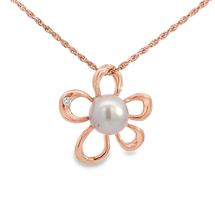 0.015 CT Diamond Pearl 14K Rose Gold Flower Pendant Necklace