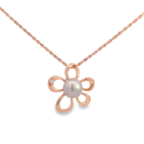0.015 CT Diamond Pearl 14K Rose Gold Flower Pendant Necklace
