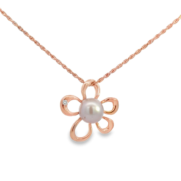 0.015 CT Diamond Pearl 14K Rose Gold Flower Pendant Necklace