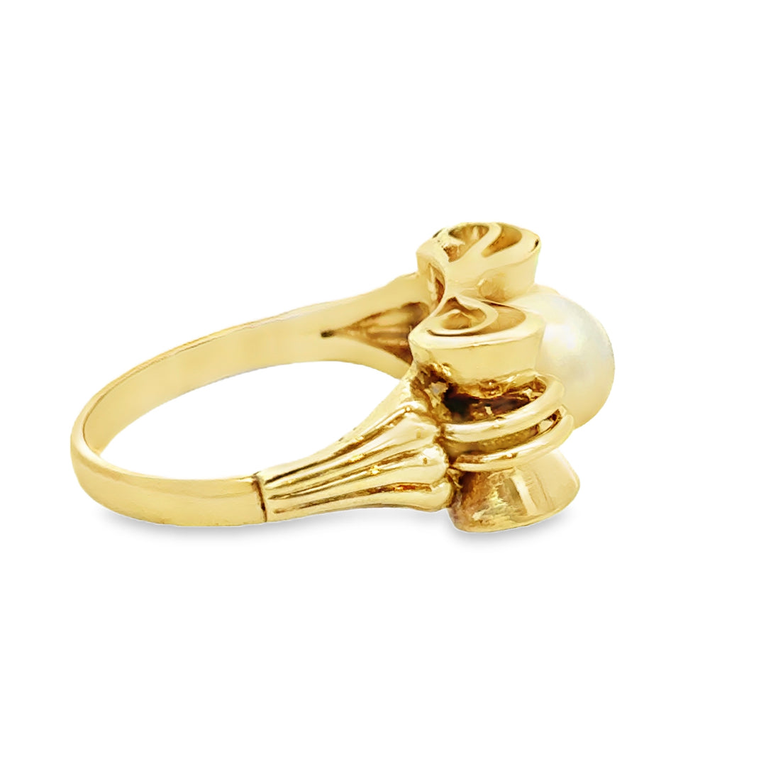 14K Yellow Gold Bow Pearl Ring