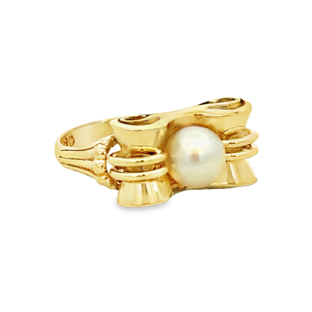 14K Yellow Gold Bow Pearl Ring