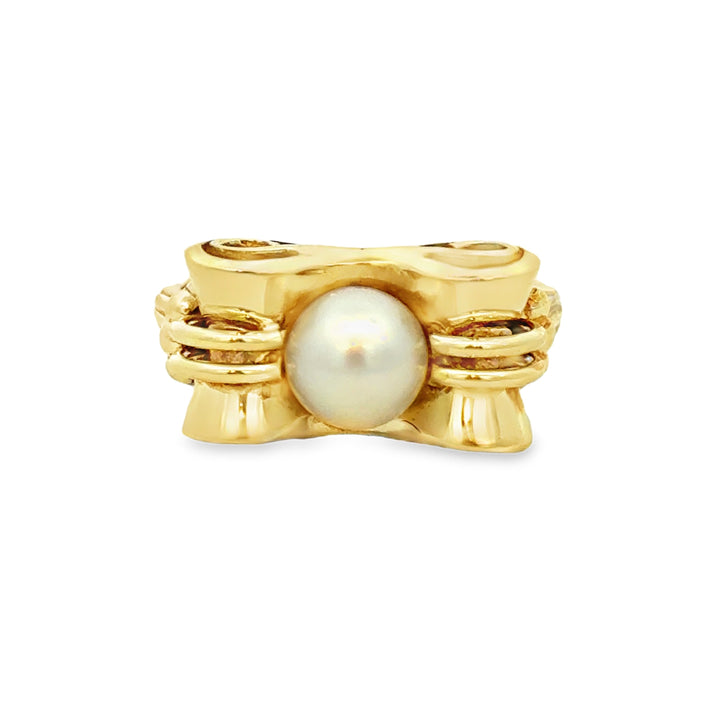 14K Yellow Gold Bow Pearl Ring