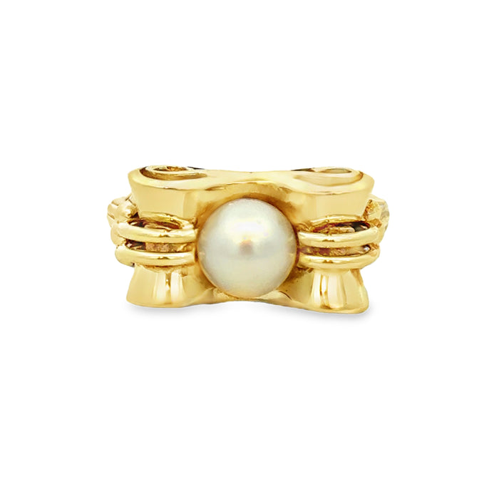 14K Yellow Gold Bow Pearl Ring