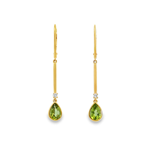 1.36 CTW Peridot & 0.06 CTW Diamond 14K Yellow Gold Drop Earrings