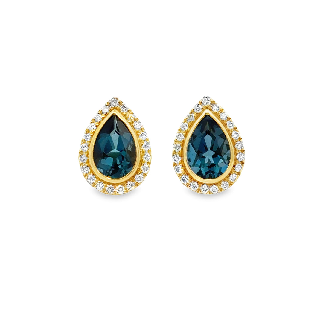 3.17 CTW London Blue Topaz & 0.31 CTW Diamond 14K Yellow Gold Stud Earrings