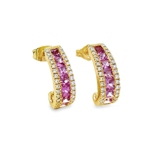 2.00 CTW Pink Sapphire & 0.38 CTW Diamond 14K Yellow Gold Hoop Earrings